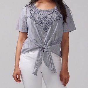 Blue and white striped front tie light blouse